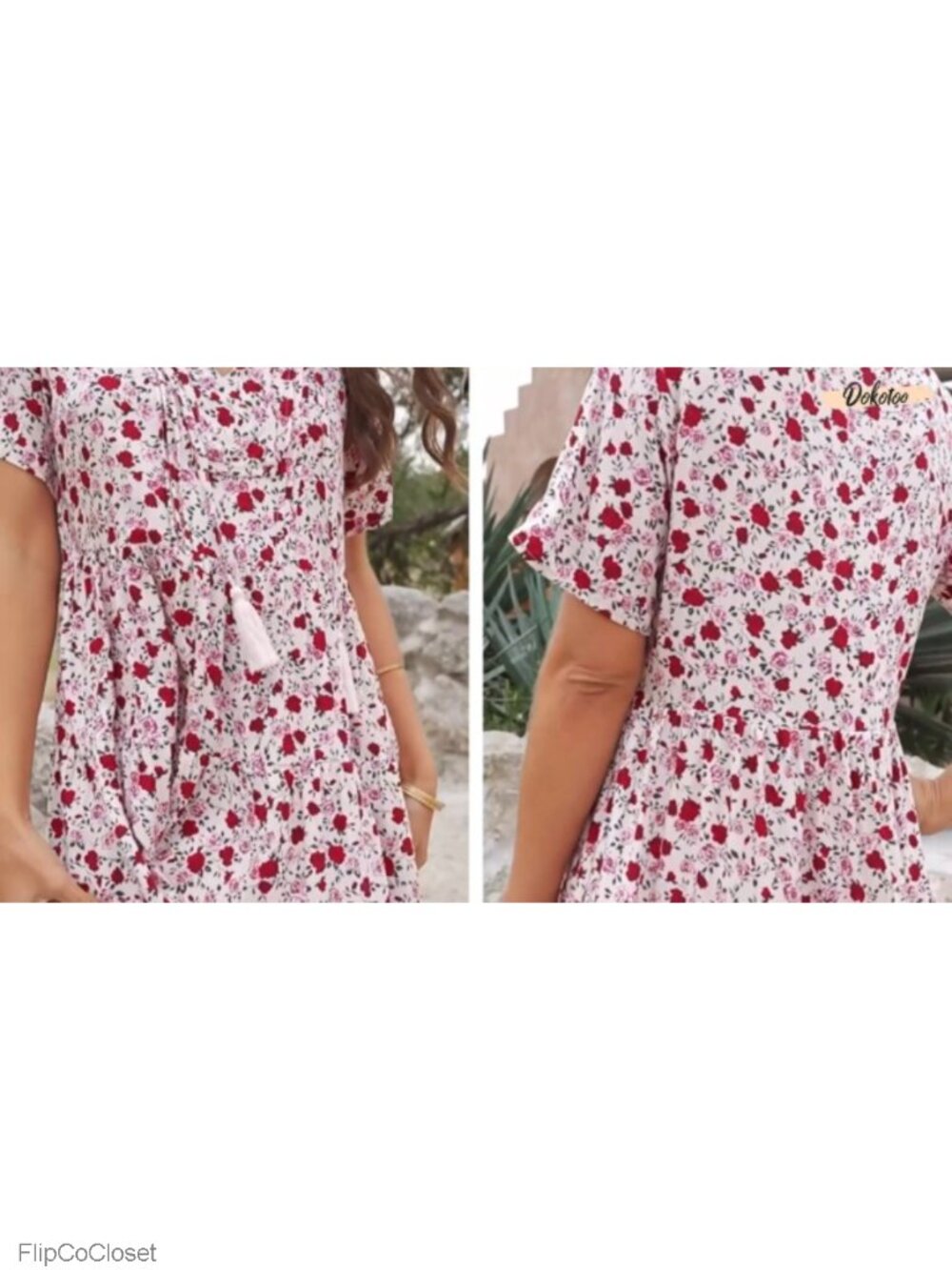Womens Boho Floral V Neck Sundress Flowy A-Line Mini Dress Short Sleeve Summer - Picture 4 of 4